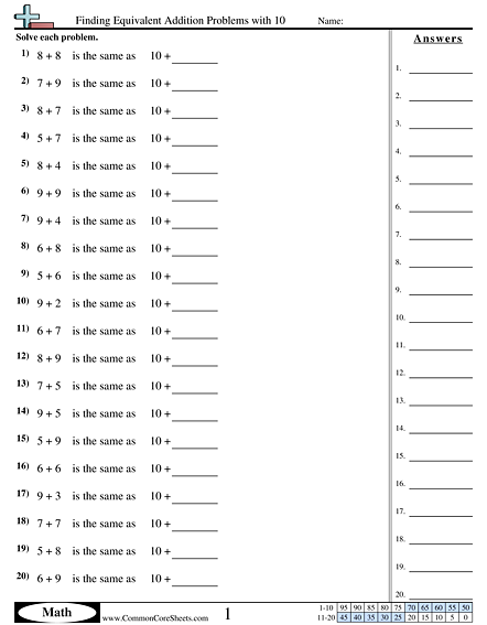 Addition Worksheets - Finding Equivalent Addition Problems with 10 worksheet